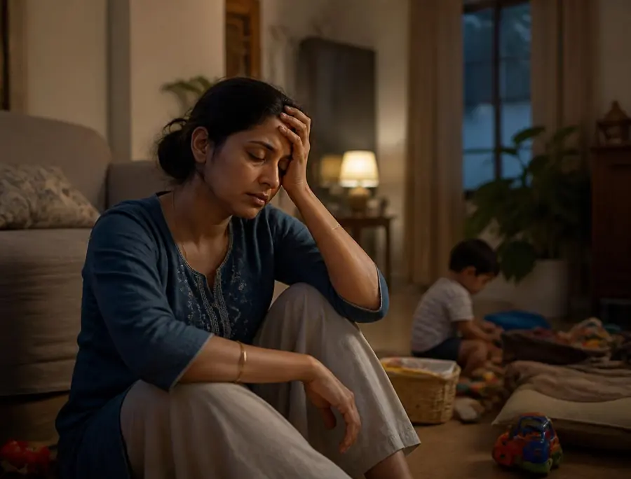 Exhausted Indian mother sitting quietly at home in the evening