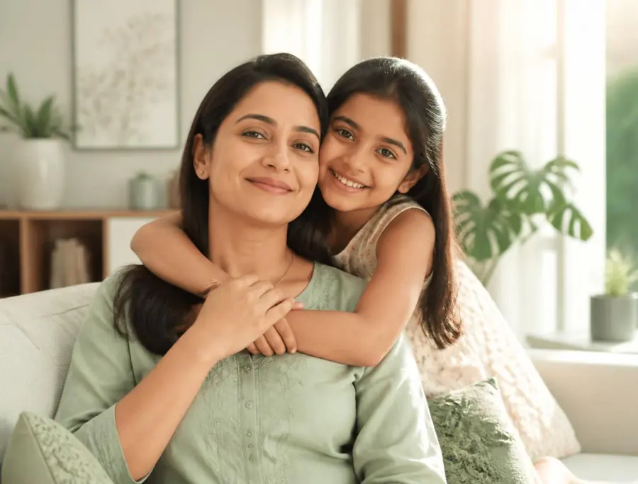 Confident Indian mother hugging her daughter